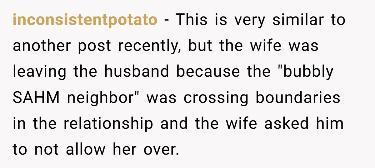 inconsistentpotato − This is very similar to another post recently, but the wife was leaving the husband because the "bubbly SAHM neighbor" was crossing boundaries in the relationship and the...