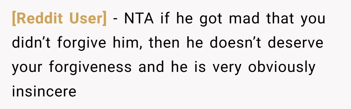 [Reddit User] − NTA if he got mad that you didn’t forgive him, then he doesn’t deserve your forgiveness and he is very obviously insincere