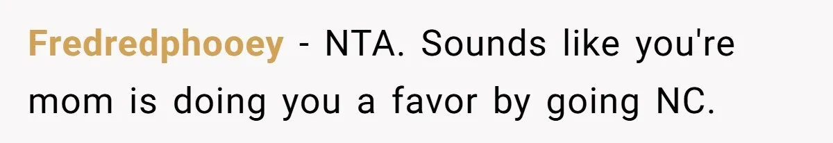Fredredphooey − NTA. Sounds like you're mom is doing you a favor by going NC.