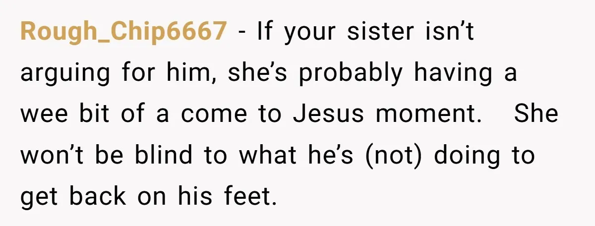 Rough_Chip6667 − If your sister isn’t arguing for him, she’s probably having a wee bit of a come to Jesus moment. She won’t be blind to what he’s (not) doing...