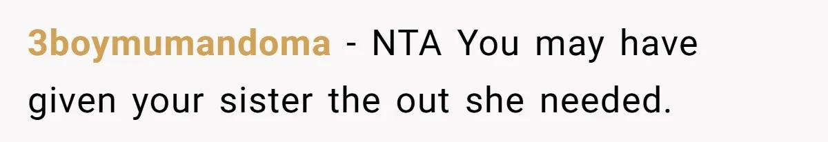 3boymumandoma − NTA You may have given your sister the out she needed.