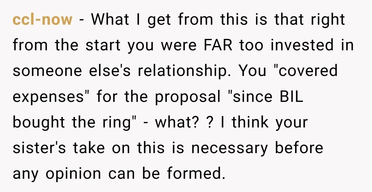 ccl-now - What I get from this is that right from the start you were FAR too invested in someone else's relationship. You "covered expenses" for the proposal "since BIL...