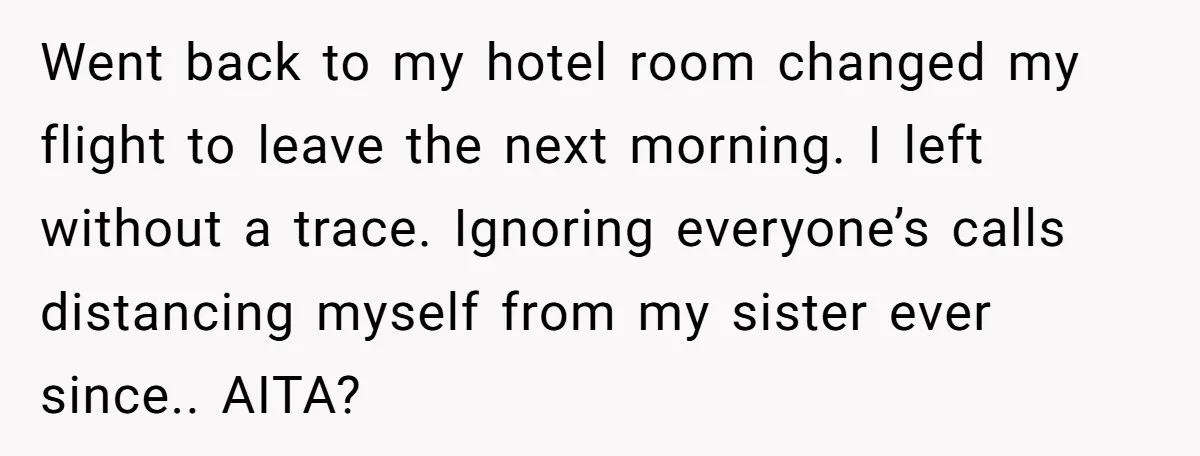 Went back to my hotel room changed my flight to leave the next morning. I left without a trace. Ignoring everyone’s calls distancing myself from my sister ever since.. AITA?