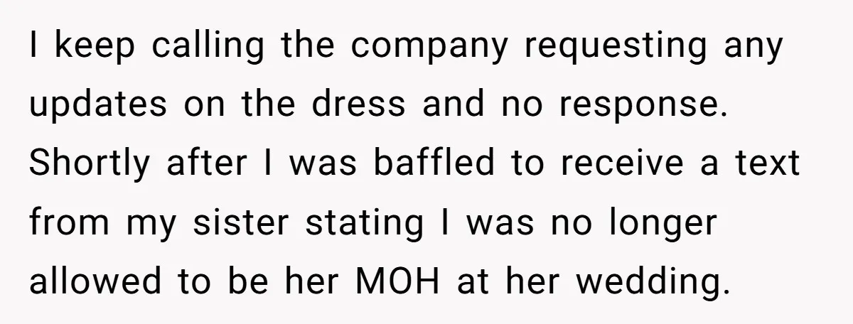 I keep calling the company requesting any updates on the dress and no response. Shortly after I was baffled to receive a text from my sister stating I was no...