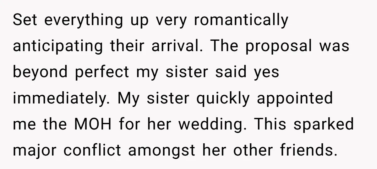 Set everything up very romantically anticipating their arrival. The proposal was beyond perfect my sister said yes immediately. My sister quickly appointed me the MOH for her wedding. This sparked...