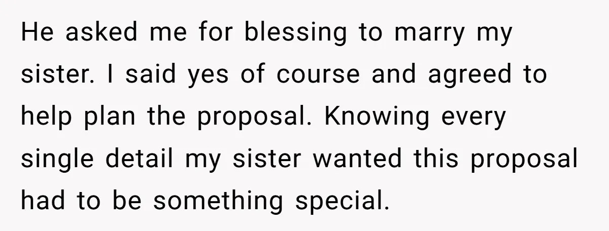 He asked me for blessing to marry my sister. I said yes of course and agreed to help plan the proposal. Knowing every single detail my sister wanted this proposal...