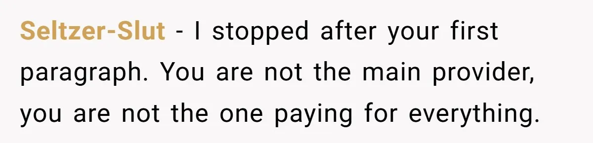 Seltzer-Slut − I stopped after your first paragraph. You are not the main provider, you are not the one paying for everything.