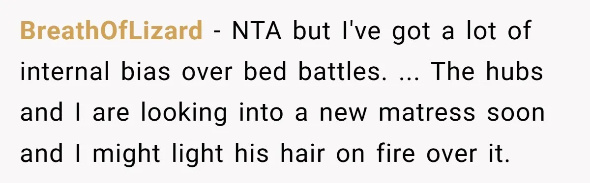 BreathOfLizard − NTA but I've got a lot of internal bias over bed battles. ... The hubs and I are looking into a new matress soon and I might light...