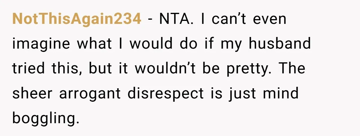 NotThisAgain234 − NTA. I can’t even imagine what I would do if my husband tried this, but it wouldn’t be pretty. The sheer arrogant disrespect is just mind boggling.