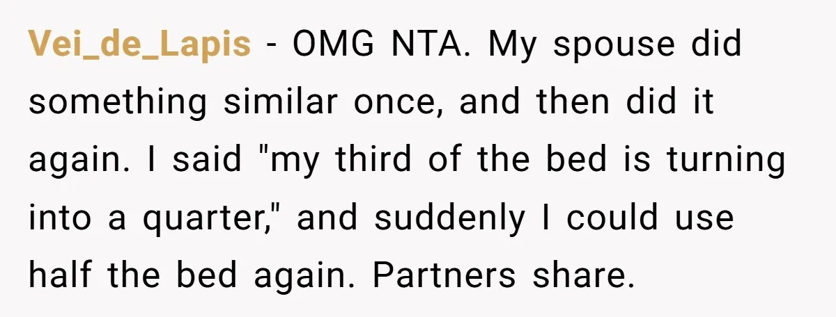 Vei_de_Lapis − OMG NTA. My spouse did something similar once, and then did it again. I said "my third of the bed is turning into a quarter," and suddenly I...