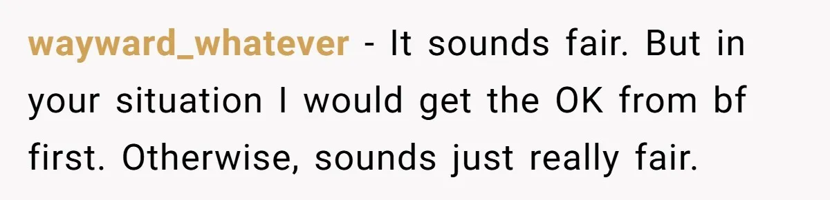 wayward_whatever − It sounds fair. But in your situation I would get the OK from bf first. Otherwise, sounds just really fair.
