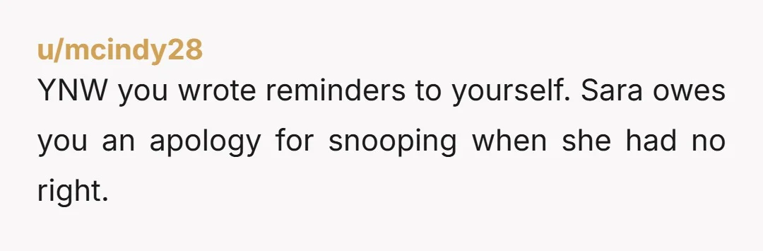 u/mcindy28
YNW you wrote reminders to yourself. Sara owes you an apology for snooping when she had no right.