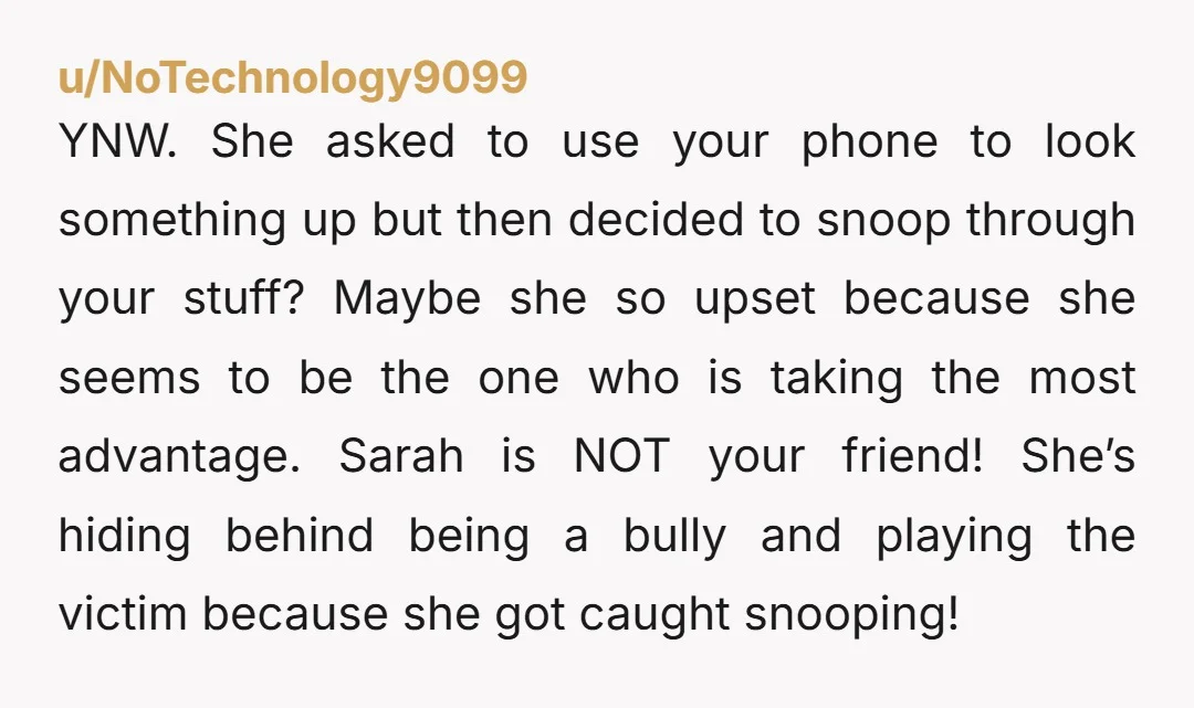 u/NoTechnology9099 YNW. She asked to use your phone to look something up but then decided to snoop through your stuff? Maybe she so upset because she seems to be the...