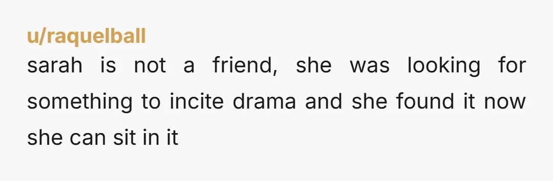 u/raquelball
sarah is not a friend, she was looking for something to incite drama and she found it now she can sit in it