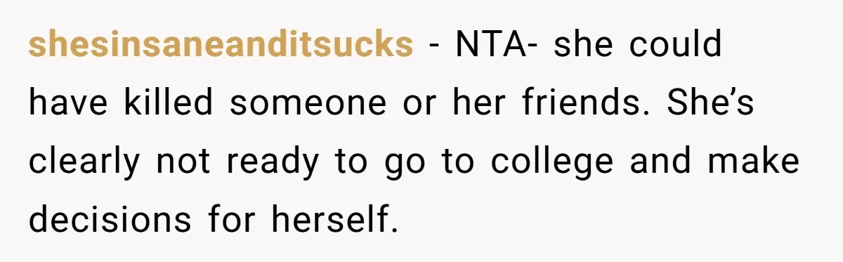 shesinsaneanditsucks − NTA- she could have killed someone or her friends. She’s clearly not ready to go to college and make decisions for herself.