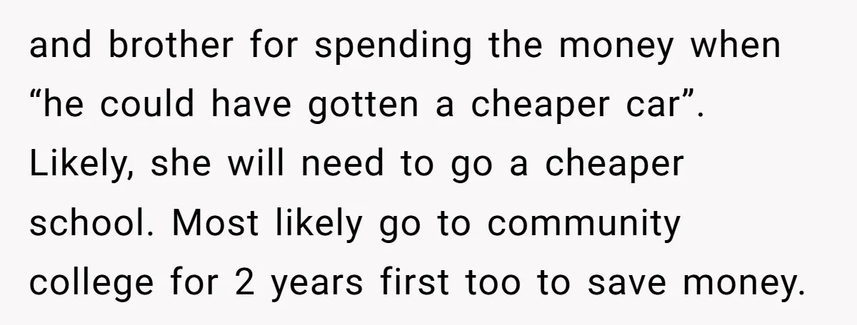 and brother for spending the money when “he could have gotten a cheaper car”. Likely, she will need to go a cheaper school. Most likely go to community college for...