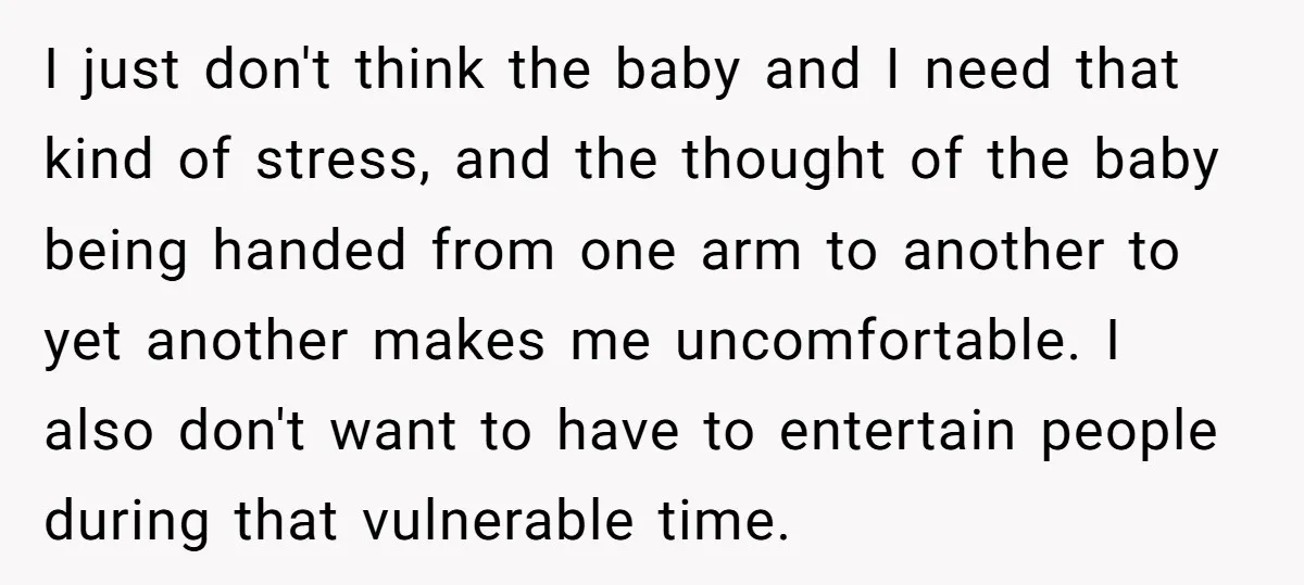 I just don't think the baby and I need that kind of stress, and the thought of the baby being handed from one arm to another to yet another makes...