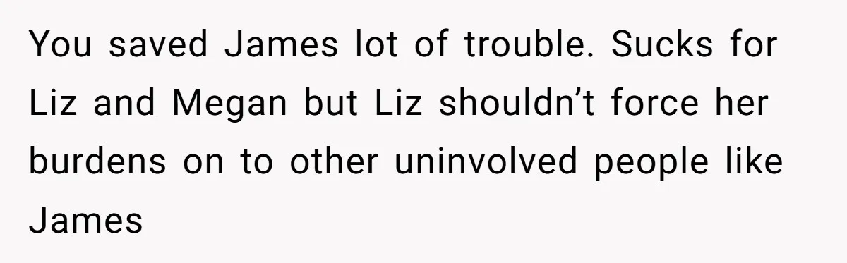 You saved James lot of trouble. Sucks for Liz and Megan but Liz shouldn’t force her burdens on to other uninvolved people like James