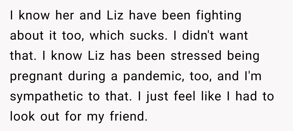 I know her and Liz have been fighting about it too, which sucks. I didn't want that. I know Liz has been stressed being pregnant during a pandemic, too, and...