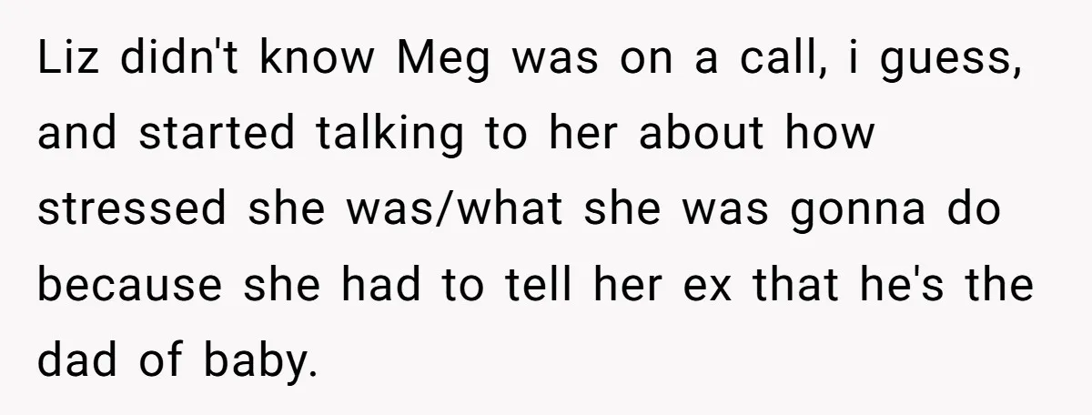 Liz didn't know Meg was on a call, i guess, and started talking to her about how stressed she was/what she was gonna do because she had to tell her...