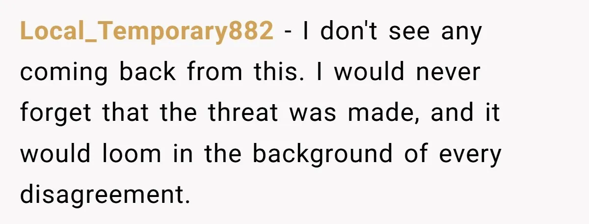 Local_Temporary882 − I don't see any coming back from this. I would never forget that the threat was made, and it would loom in the background of every disagreement.