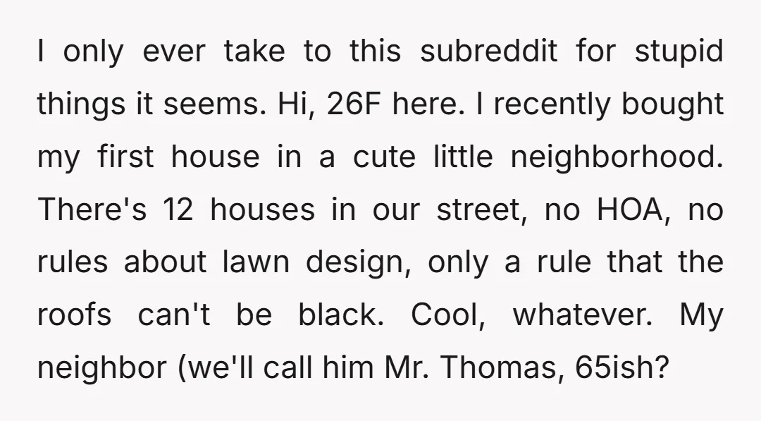 I only ever take to this subreddit for stupid things it seems. Hi, 26F here. I recently bought my first house in a cute little neighborhood. There's 12 houses in...
