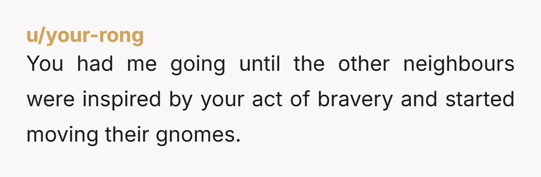 u/Caspian4136 NTA and it looks like you taking a stand has prompted other neighbors to remove the gnomes they felt obligated to put out. He's only making himself look bad...