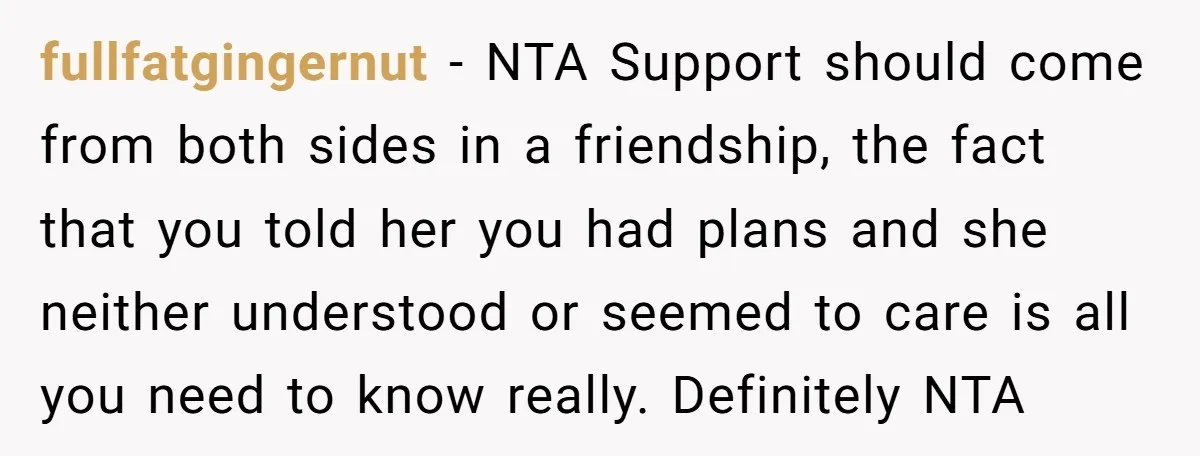 fullfatgingernut − NTA Support should come from both sides in a friendship, the fact that you told her you had plans and she neither understood or seemed to care is...