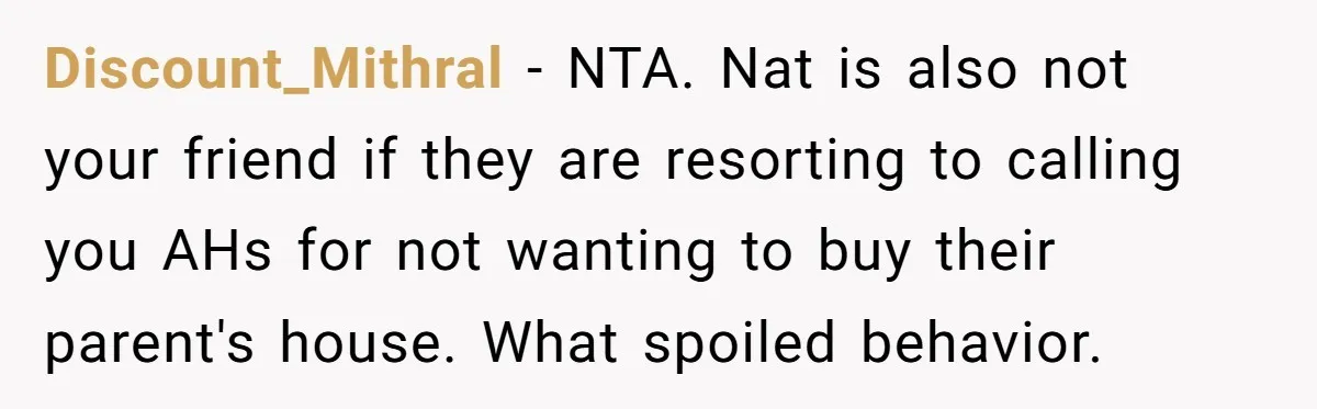 Discount_Mithral − NTA. Nat is also not your friend if they are resorting to calling you AHs for not wanting to buy their parent's house. What spoiled behavior.