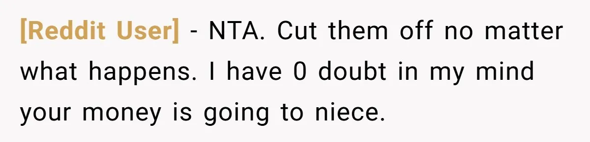 [Reddit User] − NTA. Cut them off no matter what happens. I have 0 doubt in my mind your money is going to niece.