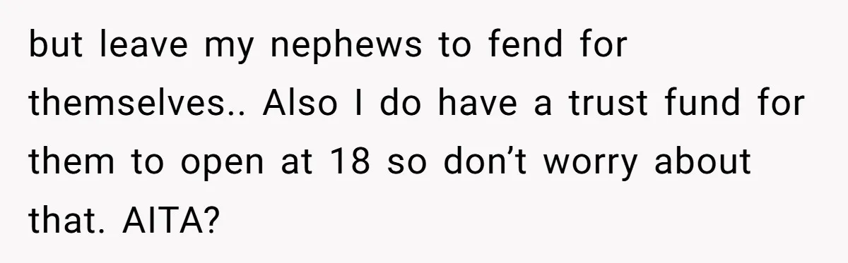 but leave my nephews to fend for themselves.. Also I do have a trust fund for them to open at 18 so don’t worry about that. AITA?
