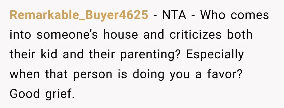 Remarkable_Buyer4625 − NTA - Who comes into someone’s house and criticizes both their kid and their parenting? Especially when that person is doing you a favor? Good grief.