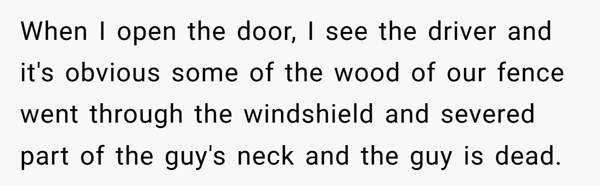 When I open the door, I see the driver and it's obvious some of the wood of our fence went through the windshield and severed part of the guy's neck...