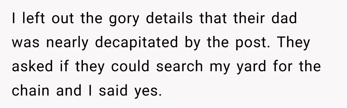 I left out the gory details that their dad was nearly decapitated by the post. They asked if they could search my yard for the chain and I said yes.