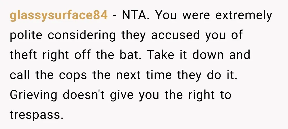 glassysurface84 − NTA. You were extremely polite considering they accused you of theft right off the bat. Take it down and call the cops the next time they do it....