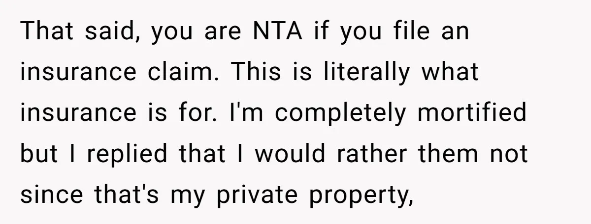 That said, you are NTA if you file an insurance claim. This is literally what insurance is for. I'm completely mortified but I replied that I would rather them not...