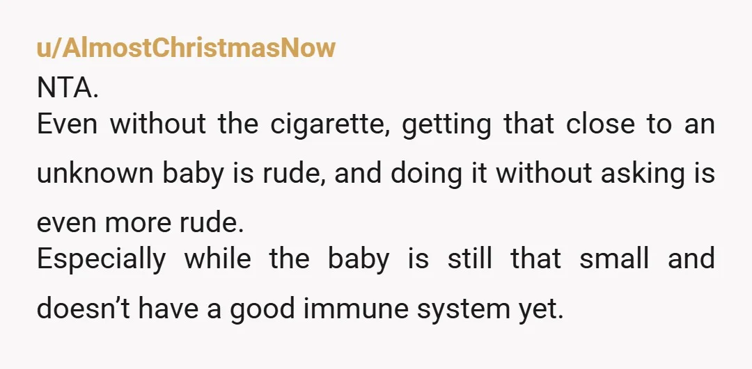u/Pristine_Ad5229
NTA
I'm surprised you even tolerated someone that close to the baby.
I didn't want anyone so much as looking at my son at that age
