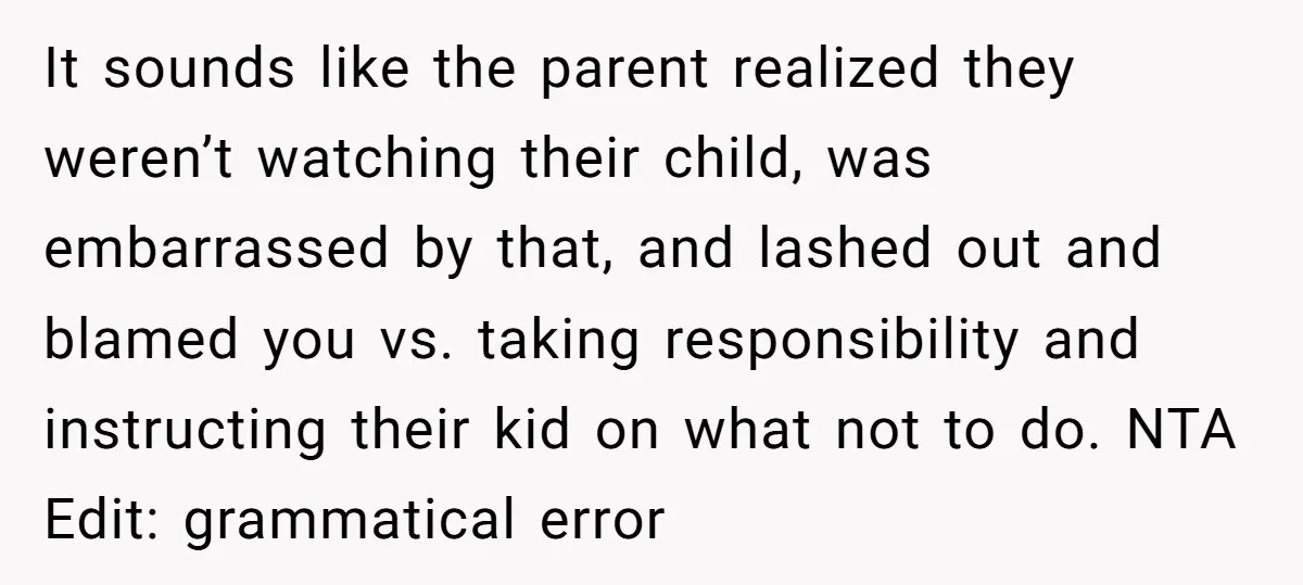 It sounds like the parent realized they weren’t watching their child, was embarrassed by that, and lashed out and blamed you vs. taking responsibility and instructing their kid on what...