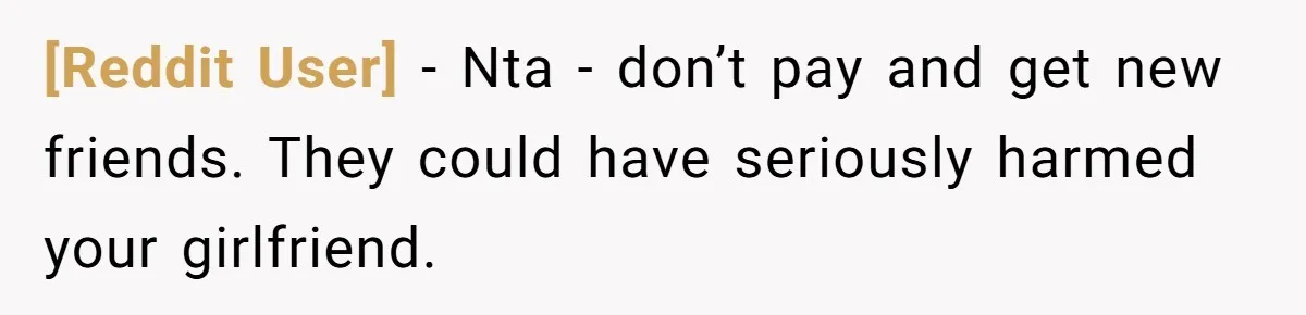[Reddit User] − Nta - don’t pay and get new friends. They could have seriously harmed your girlfriend.