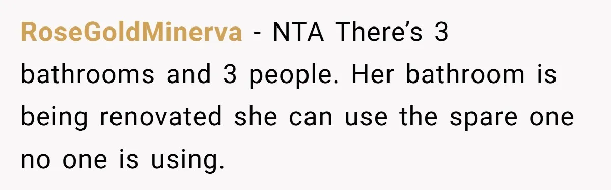 RoseGoldMinerva − NTA There’s 3 bathrooms and 3 people. Her bathroom is being renovated she can use the spare one no one is using.