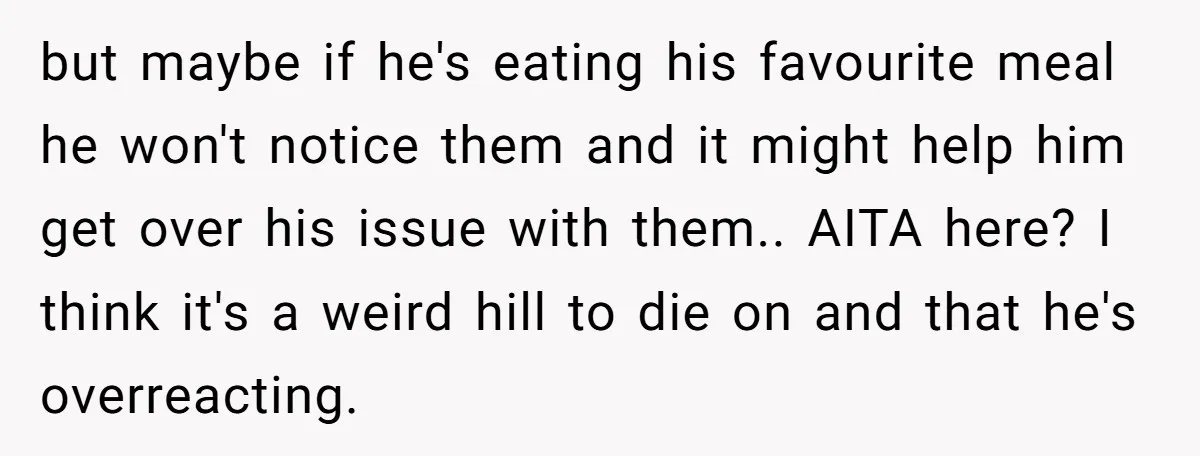 but maybe if he's eating his favourite meal he won't notice them and it might help him get over his issue with them.. AITA here? I think it's a weird...