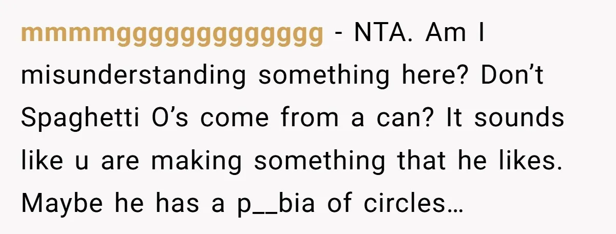 mmmmggggggggggggg − NTA. Am I misunderstanding something here? Don’t Spaghetti O’s come from a can? It sounds like u are making something that he likes. Maybe he has a p__bia...