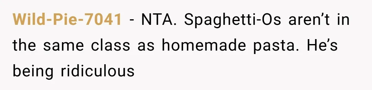 Wild-Pie-7041 − NTA. Spaghetti-Os aren’t in the same class as homemade pasta. He’s being ridiculous