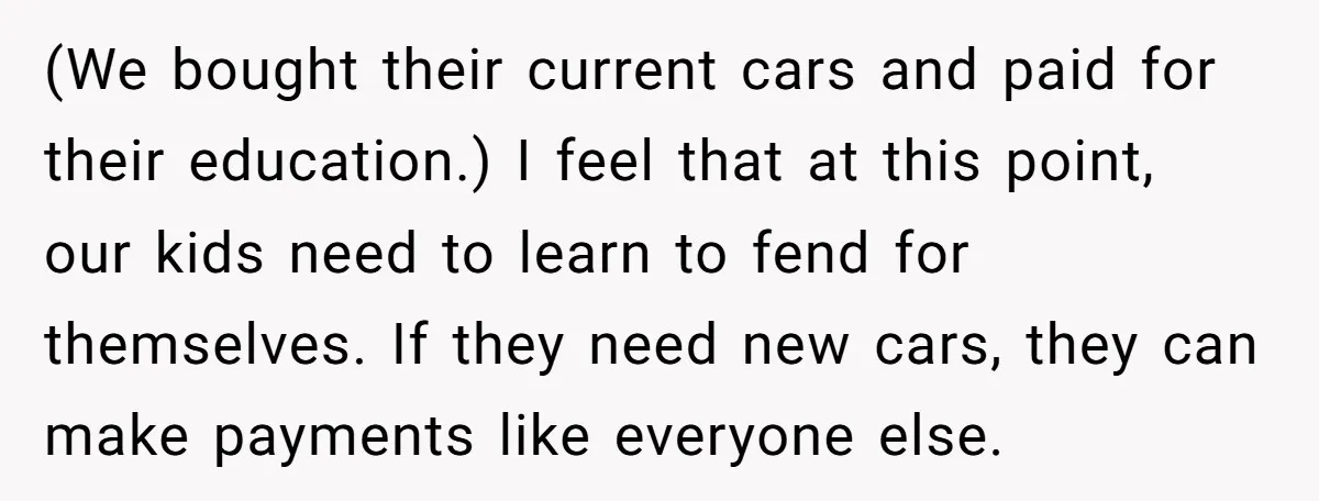 (We bought their current cars and paid for their education.) I feel that at this point, our kids need to learn to fend for themselves. If they need new cars,...