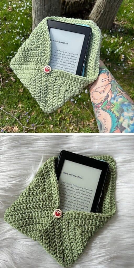 a green crochet kindle pouch with a tablet inside it