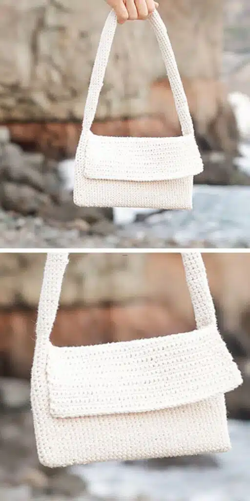 a person holding a crochet bag in a white solid color