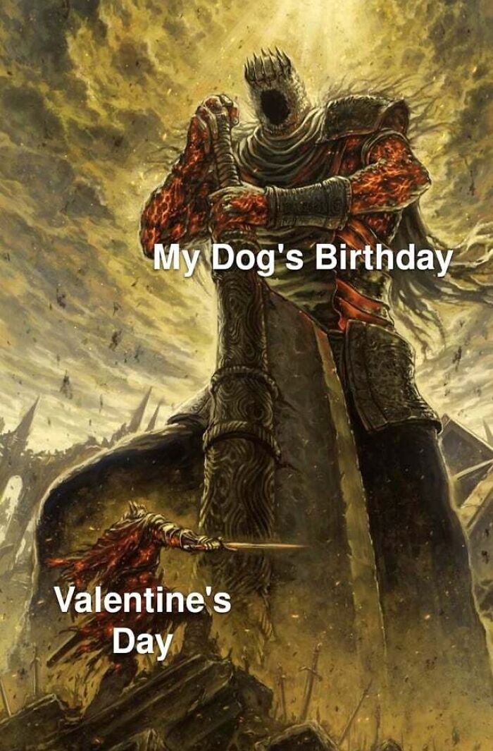 A birthday meme featuring an epic battle scene with a giant warrior labeled "My Dog's Birthday" and a smaller warrior labeled "Valentine's Day." This humorous meme exaggerates the significance of a dog's birthday compared to Valentine's Day.