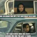 A split image showing a woman celebrating her 21st birthday in a bar and a surprised bartender realizing he has been serving her for the past five years.