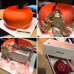 A birthday meme showing a birthday cake that looks like an apple. As the cake is cut, it reveals an actual iPhone box inside, but the box contains a real apple. The caption reads "Happy birthday." Perfect for sharing a humorous take on birthday surprises.