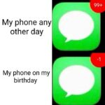 A birthday meme showing two phone message icons. The top icon has "99+" notifications with the caption, "My phone any other day." The bottom icon has "-1" notifications with the caption, "My phone on my birthday." Perfect for sharing a humorous take on birthday messages and social interactions.